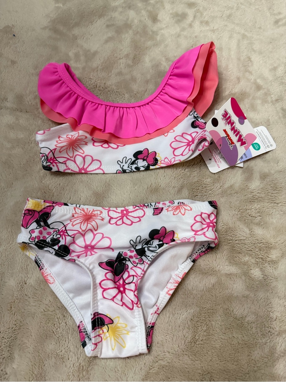 Disney Minnie Mouse Pink and White Floral Ruffle Bikini Sz 18mos